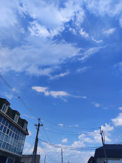 In Tursunzoda, Tajikistan, a wide shot captures a bright blue sky with scattered white clouds. The upper portion of a modern building with numerous windows is visible on the left, with a dark, sloping roofline. Several power lines crisscross the frame, supported by utility poles. Two birds are perched on one of the wires in the mid-ground. The overall scene depicts an urban environment under a partly cloudy sky.