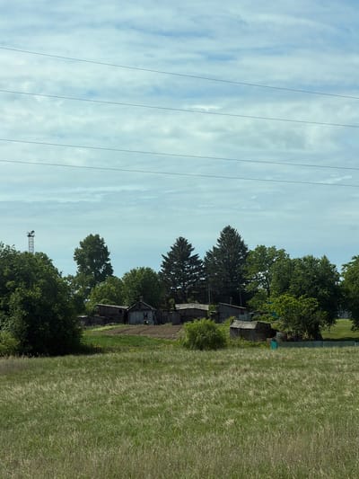 The image depicts a rural landscape under a cloudy sky. In the foreground, a field of tall, dry grass stretches across the frame. In the middle ground, a cluster of simple, weathered wooden structures, likely small houses or outbuildings, are nestled among trees. A small garden plot is visible behind some of the structures. To the left, a tall metal tower with some equipment on top stands out against the sky. The background is dominated by a light blue sky with scattered white clouds, and several thin, horizontal power lines traverse the upper portion of the image. The overall scene conveys a sense of rustic simplicity and a natural, uncultivated environment. The provided information states the location is in the city of Аур, Russia.