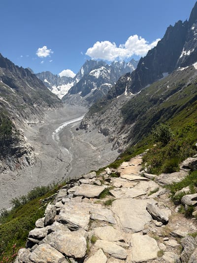 This media file, taken in Chamonix-Mont-Blanc, France, captures a breathtaking mountain landscape under a clear blue sky. The image is oriented vertically, showcasing a steep, rocky terrain.
In the foreground, a winding path made of large, flat stones is visible, edged by lush green vegetation and small pink wildflowers. The path appears to be a hiking trail, suggesting an outdoor activity or event.
The middle ground reveals a vast expanse of gray, rocky mountainside, scarred by what appears to be a glacier or a scree slope. A white strip, possibly remnants of a glacier or a snowfield, snakes its way down the mountainside, forming a dramatic contrast with the surrounding rock.
In the background, towering snow-capped mountains dominate the horizon. Jagged peaks pierce the bright blue sky, with scattered white clouds adding depth to the scene. The contrast between the dark, rugged mountains, the bright white snow, and the vibrant blue sky creates a visually striking image.
The time of day appears to be midday, indicated by the bright sunlight and the clear visibility. The weather is fair and sunny, ideal for outdoor exploration. The overall mood is one of awe and natural beauty, highlighting the grandeur of the alpine environment. There is no visible text in the media file.