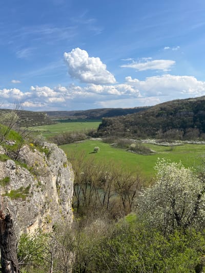 A landscape shot oriented vertically shows a valley in Barkach, Bulgaria. The foreground features a rocky outcropping with sparse vegetation. Beyond this, a broad, green valley stretches out. A river or stream meanders through the valley, partially obscured by trees. On the left, a tree-covered mountain rises. The sky occupies a significant portion of the frame with a blue sky and scattered, puffy white clouds.