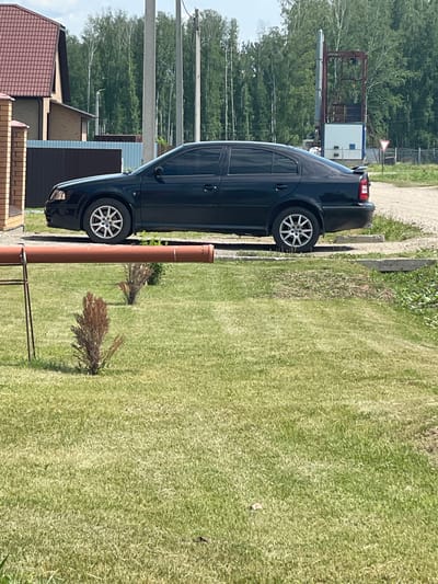 A black Skoda Octavia is parked on a gravel and grass area in Chulym, Russia. The car is facing left and has tinted windows. In the background, there is a brick house with a red tiled roof, a dark fence, and a tall industrial structure with a red frame. Trees form a dense line behind the industrial structure. A reddish-brown pipe is laid horizontally across the foreground, supported by a metal frame. Several small, dry-looking bushes are scattered on the green grass in front of the pipe. The overall environment appears to be a rural or semi-industrial area on a bright, sunny day.