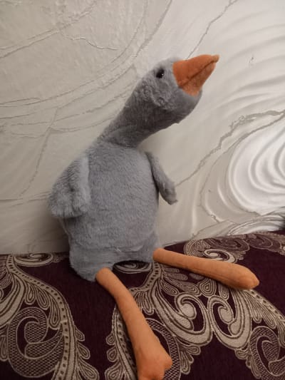 An image displays a plush toy goose on a patterned sofa. The goose is gray with an orange beak and its legs are detached, lying separately on the sofa. The sofa has a dark burgundy color with an ornate, light-colored pattern. The background is a textured white wall with subtle embossed designs. The image was taken in the city of Üshtobe, Kazakhstan.