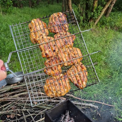 In Chmyrivka, Ukraine, a person is holding a metal grill basket filled with grilled chicken pieces over a natural outdoor setting. The chicken appears to be cooked with grill marks and a slightly browned, crispy texture. The grill basket is made of wire mesh and has a handle. Below the grill, a small metal fire pit containing embers and ash is visible, surrounded by scattered branches and dry leaves. The background consists of lush green grass and trees, suggesting a park or wooded area. The lighting indicates it is daytime.