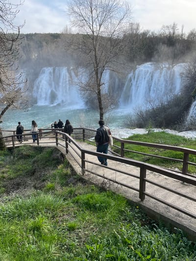 The image depicts the Kravica waterfalls located in Zvirići, Bosnia and Herzegovina. In the foreground, a curved concrete pedestrian pathway with dark brown wooden railings extends from the lower-left to the mid-right. Six individuals are present on this pathway. One male, wearing a dark leather jacket and dark pants, walks away from the camera in the right foreground, carrying a light-colored bag over his left shoulder. Further along the path, five other individuals are visible; two are walking away from the camera, and three are gathered, seemingly observing the waterfalls. The ground adjacent to the path in the foreground is covered in lush green grass and various small plants.
In the midground and background, multiple wide sections of waterfalls cascade into a turquoise river, generating a significant mist that partially obscures the distant tree-covered hills under a hazy, light blue sky. Bare deciduous trees, one prominently centered and taller, are scattered along the riverbanks and on the slopes, indicating a non-leafy season. The river exhibits active currents and frothing water as it flows from right to left across the scene. The landscape beyond the river comprises dense, light brown brush and trees, leading up to a distant tree line.