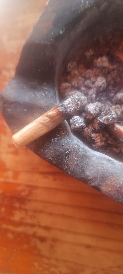 The scene is set indoors in Forest Hills, Spain. A close-up, high-angle view captures a dark-colored, possibly black or very dark grey, irregular-shaped ashtray, partially filled with fine, light grey cigarette ash particles and larger, clumped ash remnants. Resting diagonally across a rim of the ashtray is a partially consumed, hand-rolled cigarette. The cigarette features a light brown filter tip and white paper, with its distal end actively burning and exhibiting an orange glow and white ash accumulation. The ashtray itself appears worn, with visible dust or ash residue on its surfaces. The background reveals a blurred, reddish-orange wooden surface, likely a table, composed of parallel planks. No individuals are visible.