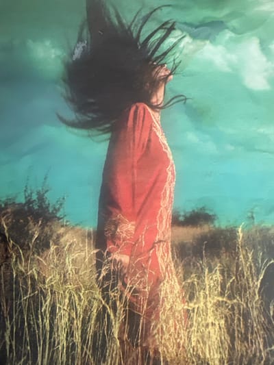 A person with long, dark hair is captured mid-motion, head thrown back with hair fanned out in a dynamic arc against a vibrant teal and green sky. They are wearing a flowing, loose-fitting red garment with intricate white or gold embroidery along the neckline and down the front. The person stands in a field of tall, dry grass that reaches to their waist, creating a textured foreground. The background suggests a landscape with darker foliage and possibly distant trees. The overall impression is one of movement and freedom, possibly in a rural or natural setting. The location is not specified within the image or its context.