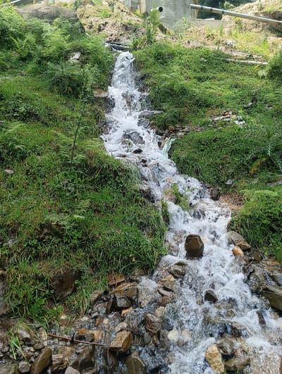A narrow, cascading waterfall flows down a rocky incline covered in lush green grass and vegetation. The water is clear and turbulent, splashing over dark, wet stones of various sizes. The surrounding environment appears to be a natural setting with dense green foliage on either side of the watercourse. In the background, there are hints of man-made structures, including what appears to be piping and some construction material on a higher elevation, suggesting a proximity to a developed area or infrastructure. The scene is well-lit, indicating it was captured during daylight hours. The location is identified as Chhyal, India.