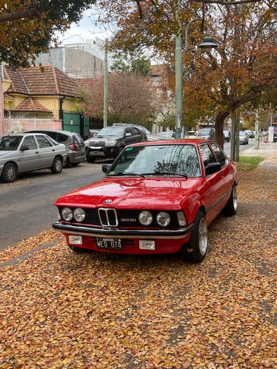 The image shows a red BMW 323i parked on a street covered in fallen leaves. The car has a license plate that reads "WED 074 ARGENTINA". The location appears to be a residential area with houses visible in the background. The street is lined with parked cars. There are trees with autumn foliage in the background. The location is the city of Florida, Argentina.