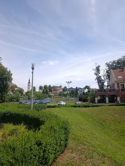 The image captures a view of Uniejów, Poland, on a sunny day with a partially cloudy sky. In the foreground, a well-maintained green hedge forms a curved border, with tall, thin green grass growing in patches. Beyond the hedge, a grassy slope leads to a paved area where several cars are parked, including a white sedan. A tall, grey lamppost stands prominently in the mid-ground.
Further in the background, a town skyline is visible, dominated by a white church steeple with a black clock face and spire. Several other buildings, some with red tile roofs, are scattered amongst lush green trees. Rows of blue stadium seats are set up in front of some of these buildings. To the right, a brick building with a balcony overlooks the scene, suggesting a restaurant or residential complex. The overall impression is a peaceful urban landscape with abundant greenery.
