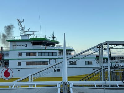 The image displays a large passenger and cargo vessel, "Polynésie 1," docked at a pier, specifically in the Port of Papeete, French Polynesia, France. The ship's hull is white with a wide yellow band at the lower visible section and a green trim line along the top edge of the hull and superstructure. The name "polynésie 1" is printed in black on the white superstructure, accompanied by a local emblem. A prominent red Vodafone logo is visible on the white hull section above the yellow band. Dark grey exhaust smoke emanates from a stack on the vessel's port side, indicating engine activity. A white metal passenger gangway, featuring a covered, lattice-like structure, extends from a shore-based facility in the immediate foreground towards the ship's midsection. A white railing and a tall, conical white post belonging to the pier infrastructure are visible in the foreground. The background consists of a clear, light blue sky with faint cloud formations.