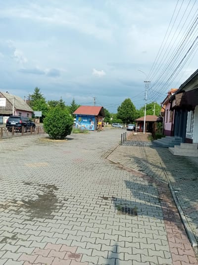 This image captures an outdoor scene in Tiachiv, Ukraine, on a cloudy day that appears to be late morning or early afternoon, given the shadows. The setting is a paved area with interlocking brickwork, suggesting a public space like a town square or a street in front of shops.
In the foreground, the brick paving is wet in patches, indicating recent rain or cleaning. A storm drain is visible in the lower right portion of the image.
Several objects are present in the scene. To the left, a dark-colored SUV is parked behind a metal fence. A small, neatly trimmed green bush stands in the middle of the paved area. Further into the background, there's a small blue kiosk or booth with colorful advertisements, including images of mobile phones and the word "webka." Next to it, a small red-roofed structure might serve as a covered seating area or another small shop. On the right side of the image, buildings with facades are visible, one of which has steps leading up to its entrance. Power lines crisscross the sky, supported by utility poles.
Two individuals are discernible in the image. One person, wearing a yellow shirt, stands near the kiosk on the right. Another person is seen walking on the paved area to the far left. The overall atmosphere is that of a quiet, ordinary day in a small town. There is visible text on the kiosk, which appears to be related to smartphone accessories, with Ukrainian lettering that translates to "- SMARTPHONES - ACCESSORIES -".