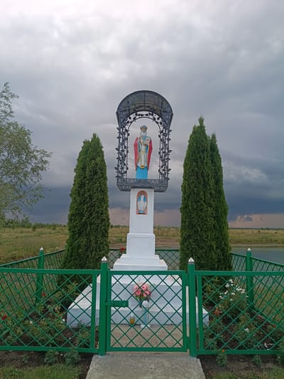 A statue of Saint Nicholas stands atop a white pedestal within a metal enclosure. The statue is adorned with a blue robe, a red cloak, and a crown. Below Saint Nicholas, an image of the Virgin Mary is depicted. The pedestal is surrounded by a green metal fence with a diamond pattern. Two tall evergreen trees flank the statue. The scene is set outdoors with a body of water and a field in the background, under a cloudy sky. This monument is located in the city of Litynia, Ukraine.