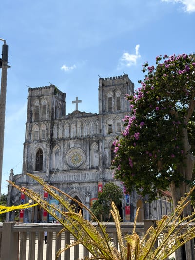 The image depicts the front facade of a weathered, ornate stone church, likely in Hội Tín, Vietnam, under a bright blue sky with scattered white clouds. The church exhibits Gothic architectural elements, including arched windows, towering spires topped with battlements, and a large rose window at the center. A prominent white cross stands at the apex of the building. In the foreground, a lush green tree with vibrant pink blossoms partially obscures the church's right side. In front of the church, there are strings of yellow and white lights, and banners with religious imagery are hung on poles. A concrete fence or barrier runs across the bottom of the frame. In the immediate foreground, the fronds of a spiky, fern-like plant are in sharp focus. Several indistinct figures are visible in the middle ground on the church grounds, some appearing to be dressed in white shirts. A tall utility pole with equipment is visible on the far left of the image. The overall scene suggests a bright, sunny day, possibly a festive occasion given the decorations.