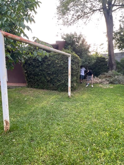 Two people stand near a lush green hedge and a soccer goal. The goal is white, with some rust. The person closer to the camera wears a light-colored shirt. The other person wears a darker shirt and light shorts or pants. They stand on green grass. A large tree is visible to the left. A building is present behind the hedge. The sky is light.