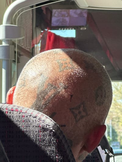 The image presents a close-up view of a person's head resting against what appears to be a seat, likely on a train or bus, as indicated by the window and frame visible in the background. The person has very short hair, or is possibly shaved, with visible tattoos on the scalp. Part of the ear is visible. The seat appears to be upholstered with a textured, possibly woven fabric, with red threads in the pattern. The lighting is uneven, casting shadows across the scene. There are no specific details to determine the location in Aix-en-Provence, France.