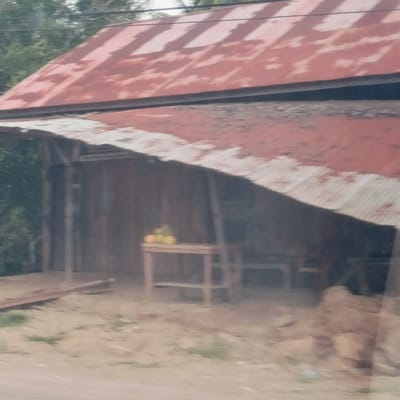 The image depicts a simple, open-front building, likely a shack or small roadside stall, under diffused daylight in Gampongrayadagang, Indonesia. The building features a prominent, steeply pitched roof made of corrugated metal, which is significantly rusted and has patches of lighter, possibly faded or oxidized, material. Below the main roof, a smaller, less rusted corrugated metal awning extends over the open front.

The structure is supported by wooden posts, and the rear wall appears to be made of vertical wooden planks. Inside, a wooden table holds a small cluster of yellowish-green fruit, possibly citrus or mangoes, centrally placed. To the right of the table, another wooden bench or low structure is visible. The ground in front of the building is bare earth, with some sparse green vegetation, and appears somewhat dusty. Green foliage and trees are visible in the background, particularly to the left and above the building, indicating a natural or semi-rural setting. No people or specific activities are observed. The overall impression is one of a functional, perhaps unattended, local establishment. There is no visible text.