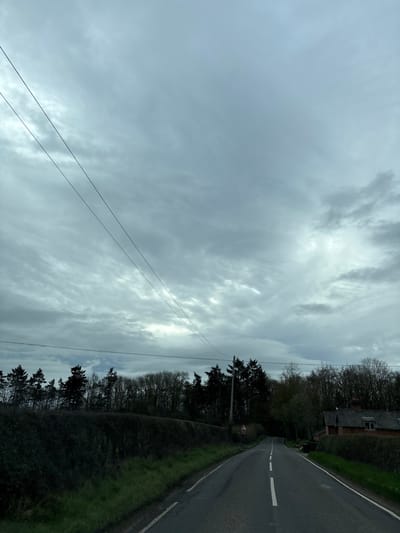 The image displays a rural road in Baschurch, United Kingdom, under a heavily overcast, grey sky. The asphalt road, marked with a central dashed white line and solid white edge lines, recedes into the distance, curving gently left then right. No individuals or vehicles are present. On the left side, a dense, dark green hedgerow lines the road, backed by a row of tall coniferous and bare deciduous trees. A dark utility pole supports two thin, dark wires stretching diagonally across the upper left sky. A red-bordered triangular warning sign and an unreadable rectangular sign are positioned near the utility pole on the left. On the right, a grassy verge leads to a trimmed green hedge, behind which a reddish-brown brick house with a dark gabled roof and a chimney is visible. Additional bare trees are situated beyond the house. A dark bin or container rests near the road edge by the house.