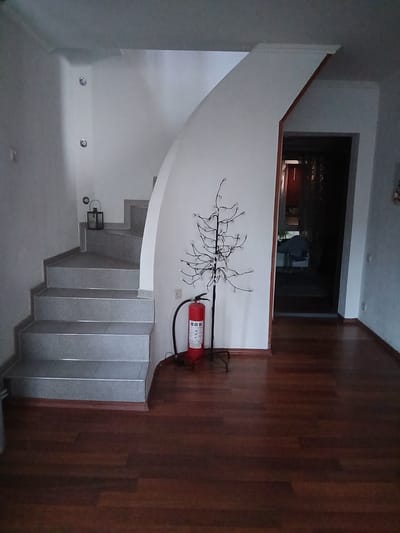 The image shows an interior view of a modern house, featuring a curved staircase with grey tiled steps and a wooden floor. On the landing of the staircase, there is a black lantern. To the right of the staircase, against a white wall, stands a decorative wire tree with small lights and a red fire extinguisher. Beyond the staircase, a dark doorway leads into another part of the house. The scene is indoors and appears to be well-lit by artificial light sources, with the overall ambiance suggesting a residential setting in Vita-Poshtova, Ukraine. There are no people visible in the image.