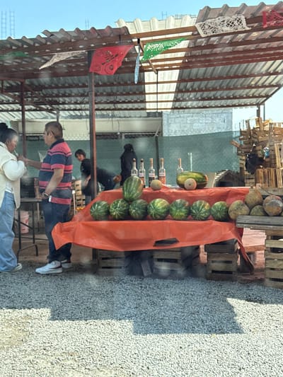 Under a corrugated metal awning decorated with colorful paper cutouts, a vendor stands near a display of watermelons arranged in a row on an orange tarp. A stack of coconuts sits nearby. Glass bottles, possibly containing liquor, are arranged behind the watermelons. Several people are present, one wearing a striped shirt and another in a white shirt. The setting appears to be an outdoor market.