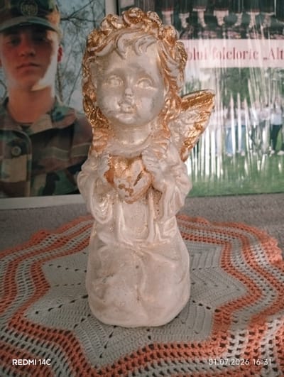 The image features a decorative angel figurine as the central subject, placed on a crocheted mat. The figurine is made of a light-colored material, possibly plaster or ceramic, with gold accents on its hair, wings, and the heart it holds. The angel's face is serene and youthful.
In the background, a poster or photograph is visible, depicting a young person in a military uniform wearing a cap. To the right of this, another part of the poster shows a group of people in what appears to be a performance or a gathering. A banner with text is partially visible on this poster.
The crocheted mat beneath the angel has a geometric pattern, alternating between coral and light gray or white yarn, creating a zig-zag design. The overall setting appears to be indoors, with the background suggesting a domestic or possibly event-related space.
The image is a medium shot, focusing on the angel figurine while providing context from the background. There is no clear indication of the time of day or weather conditions.
Visible text includes:
- "REDMI 14C" in the bottom left corner.
- "01.07.2026 16:31" in the bottom right corner.
- Partial text on the background banner: "blui folcloric Alta".