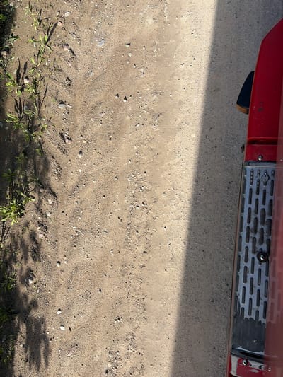 The image shows a close-up, overhead view of a dirt and gravel ground surface with a portion of a red vehicle on the right side. The ground is composed of light brown soil mixed with small pebbles and some scattered green weeds along the left edge, partially shaded by what appears to be tree foliage. A distinct shadow runs diagonally across the ground from the upper left to the lower right, indicating a light source from the upper right. The red vehicle, positioned on the right side of the frame, exhibits a metallic step plate with multiple rectangular slots, suggesting it is part of a truck or similar large vehicle. The vehicle's body is red and appears to have some minor scuffs or wear. The scene is consistent with an outdoor environment, possibly a road or a parking area, in Zarech'e, Russia. There are no people or any explicit actions or interactions depicted.