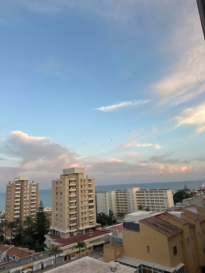 The image captures a panoramic view of a coastal city, likely Torremolinos, Spain, at dusk or dawn. The sky is a canvas of soft blues, with streaks of pink and white clouds, suggesting either the sunrise or sunset. Several birds are visible as small dark silhouettes against the sky, some in flight.

In the foreground and mid-ground, several multi-story buildings dominate the scene. Two prominent beige apartment buildings, labeled "ALOHA-7" and "ALOHA-6" on their upper levels, stand tall. They feature numerous balconies and windows. To the right, a wider, lower white building complex with many windows stretches horizontally. In the immediate foreground, a cluster of smaller, yellowish buildings with tiled roofs are visible, some with satellite dishes. Palm trees are interspersed among the buildings, adding a tropical touch.

The background is dominated by the sea, which appears calm, meeting the horizon under the colorful sky. The overall impression is one of a Mediterranean coastal town, possibly during a quiet time of day. No people are clearly discernible in the image. The lighting suggests a soft, diffused natural light.