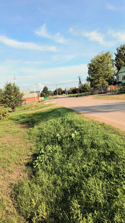 The image depicts a roadside scene in the village of Alkinо, Russia. A paved road curves through the frame, bordered on the left by a grassy embankment and on the right by a fence and a green-roofed building. Various houses and trees are visible in the background, along with utility poles and overhead wires. The sky is a bright blue with scattered white clouds. The overall impression is one of a rural or semi-rural residential area on a sunny day.
