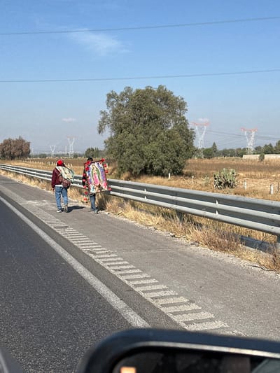 Two individuals walk along the shoulder of a highway, carrying a religious icon adorned with flowers. They are positioned adjacent to a metal guardrail, with power lines visible in the background. The road is marked with a solid white line and a series of dashed lines. The sky is clear and blue. A portion of a car's side mirror is visible in the frame's edge. The landscape features dry vegetation and scattered trees.