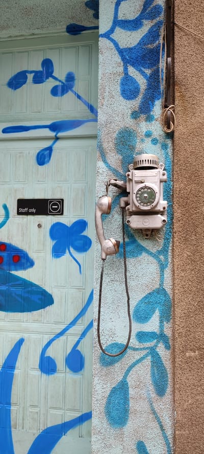 The image shows a close-up of a light blue door with white wood paneling, decorated with blue spray-painted floral or leaf-like designs and some red dots. A black rectangular sign with white text that reads "Staff only" and a circular symbol is affixed to the door. To the right of the door is a textured beige wall, also adorned with blue spray-painted designs resembling leaves and branches. Mounted on this wall is a vintage-style, light gray metal rotary dial telephone. The telephone's handset is hanging down by a coiled cord. The overall scene appears to be an exterior wall in an urban setting, possibly in Ohanavan, Armenia, given the context provided. The lighting suggests it is daytime.
