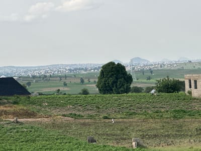The image depicts a landscape view of Gidan Waziri, Nigeria, under an overcast sky. In the foreground, a field of green crops extends across the frame, with patches of dry grass and scattered building materials. A portion of a black-tiled roof, belonging to a building on the left, is visible. To the right, a partially constructed building with a brick facade and dark windows is situated.

In the middle ground, a large, dense green tree stands prominently. Beyond it, the terrain slopes gently upwards towards a distant cityscape. The city is characterized by numerous residential buildings with white roofs, densely packed together, stretching across a wide expanse. In the far distance, rolling hills and mountains are visible, fading into the hazy atmosphere. A few utility poles and towers are interspersed within the landscape and cityscape. The overall scene suggests a developing area on the outskirts of a city, with agricultural land meeting urban expansion.