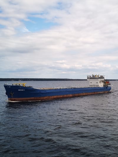A blue cargo ship labeled "OMCKHH-4" is moving through a body of water. The ship has a brown hull and a white superstructure. The water is dark and rippled. In the background, there is a treeline and a cloudy sky. The location is difficult to identify precisely without additional information.