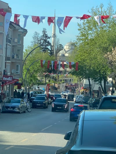 The image depicts a street in Şile, Turkey. Turkish flags are strung across the street, lined with buildings and trees. A mosque is visible in the background. Heavy traffic of cars and a scooter are on the road. The scene appears to be taken from within a car. A shop named "Tedi" and "Pizzabulls" can be seen on the left side of the street.