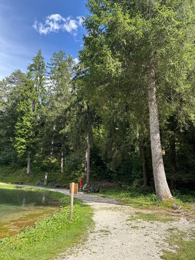 The image depicts a scenic view of a clear, shallow lake surrounded by lush green vegetation and tall evergreen trees. A gravel path winds alongside the lake, leading through a wooded area. Several bicycles are parked near a wooden bench by the path. Further along, two individuals are seated on another bench, with one person standing nearby in a red shirt. A wooden post with a sign is prominently placed near the path by the lake. The sky above is blue with scattered white clouds. The environment suggests a tranquil outdoor recreational area. The location is identified as being in Calalzo di Cadore, Italy.