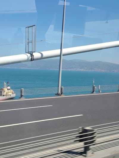 The image presents a view from inside a vehicle traversing a modern bridge over a vast body of water, likely the Gulf of İzmit near Dilovası, Turkey. The scene is brightly lit by daylight under a clear blue sky, with visible shadows indicating a sunny day.
In the foreground, the asphalt road of the bridge is visible with clear white lane markings. A sturdy metal railing system, consisting of multiple horizontal white bars and vertical supports, runs along the bridge's edge. Reflections, possibly of a person and the vehicle's interior, are visible on the window through which the photo was taken, especially in the upper left.
Spanning across the mid-ground is a large, white, cylindrical pipe-like structure, part of the bridge's support or cable system. A rectangular metal grid, possibly an antenna or sensor, is attached to this pipe, and a grey vertical pole extends upwards from the bridge deck.
Below the bridge level, the deep blue water of the gulf stretches towards a distant mountainous coastline. Settlements with numerous buildings are visible along the base of these mountains. On the left side of the water, a cargo ship or similar vessel is partially visible beneath the bridge. It features a grey hull, a white superstructure, and flies what appears to be a Turkish flag and another red flag from its mast. The letters "TPS" are discernible on the ship's side.
The overall impression is one of travel and impressive infrastructure set against a scenic natural backdrop.