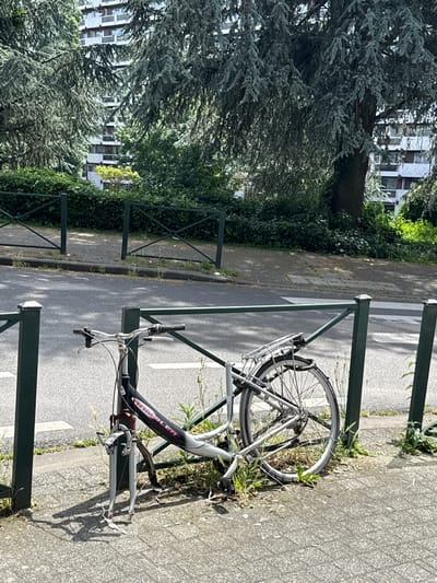 This media file features a bicycle parked next to a green metal fence. The bicycle is silver and black, with a basket on the front and a rack on the back. It is leaning against the fence, with its front wheel turned to the left. The bicycle appears to be a "RAMBLER" model.
The scene is set outdoors, with a paved walkway and a street visible in the background. Green foliage, including trees and ivy, borders the walkway. In the distance, buildings with white facades and numerous windows can be seen, suggesting an urban or suburban environment. The lighting indicates it is daytime, likely sunny, with distinct shadows cast by the fence and bicycle.
The image is oriented vertically. The overall impression is one of a quiet, everyday scene in a European setting, possibly Molenbeek-Saint-Jean in Belgium, given the location context. No people are visible in the frame, and the activity is simply the presence of the parked bicycle. The weather appears to be fair, contributing to the bright lighting.