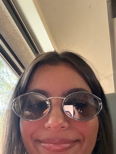 A close-up image features a person, likely female, with dark hair and dark eyebrows, wearing silver-framed, oval-shaped sunglasses with dark, reflective lenses. The skin on the forehead and cheeks appears flushed. A subtle, closed-mouth smile is present.
The left sunglass lens (viewer's left) reflects a window with vertical blinds, bright outdoor sunlight, and green foliage, along with a white electronic device connected by a white cable. The right sunglass lens (viewer's right) reflects a hand holding a smartphone, capturing the image.
The background reveals an interior environment. Directly above the person's head, a rectangular overhead fluorescent light fixture with a grid diffuser is visible. To the upper left, a window with horizontal blinds allows natural light to enter, showing outdoor greenery. The interior surfaces are light-colored. The setting indicates the scene is inside a public transportation vehicle, such as a train or bus carriage.
This scene is located within a public transportation vehicle in New Brunswick, United States.