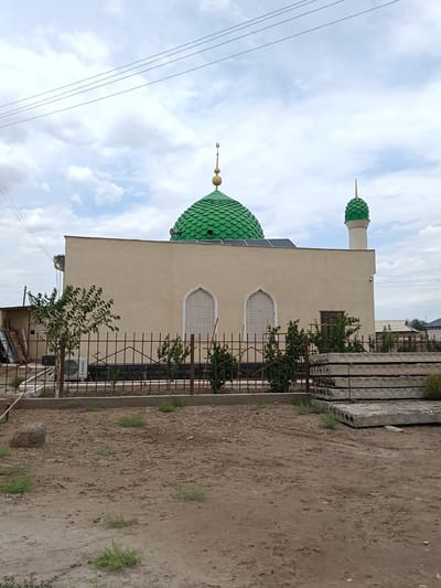 In Altinkul, Uzbekistan, a beige mosque stands prominently under a cloudy sky. The mosque features a large, green, scaled dome with a golden finial, and a smaller green dome atop a minaret. Two arched windows with intricate white latticework adorn the building's facade. In front of the mosque, a low metal fence encloses a small patch of greenery. To the left of the mosque, a small tree stands, and an outdoor air conditioning unit is visible. The foreground is a dirt lot with sparse vegetation and a stack of large, circular concrete slabs. Overhead, power lines cross the sky.
