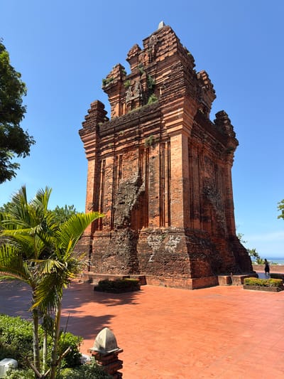 The photograph captures the Po Nagar Cham Towers in Tuy Hoa, Vietnam, under a clear blue sky. The central subject is a tall, ancient brick tower, its reddish-brown facade showing signs of age and erosion, with patches of moss and greenery growing on its surfaces. The tower has multiple tiers, each adorned with intricate architectural details.

In the foreground, a lush palm tree with vibrant green fronds stands to the left, partially obscuring the lower section of the tower. The ground is paved with terracotta tiles, reflecting the bright sunlight and casting distinct shadows. To the right, a person in dark clothing is visible walking on the tiled plaza, facing away from the camera and towards the distant ocean. Further back, small, manicured flower beds add touches of color to the scene. The overall environment is sunny and open, suggesting a historical or cultural landmark.