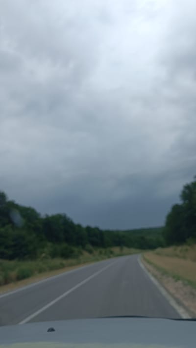 The image depicts a blurred view from the perspective of someone in a vehicle, driving on a two-lane asphalt road. The road curves gently to the right. On either side of the road, there are grassy verges and dense green trees forming a wooded landscape. The sky is overcast with dark, heavy clouds, suggesting an impending storm or rainy weather. There are no visible people or specific landmarks that can identify the precise location within Bolțun, Moldova. The overall scene is one of travel through a natural, rural environment under gloomy skies.