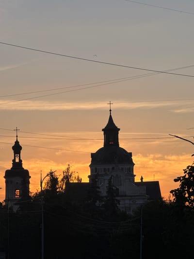 This vertical, low-angle shot captures a dramatic sunset over Berdychiv, Ukraine, silhouetting two church towers and surrounding trees against a fiery orange and pale yellow sky. The sky is streaked with wispy clouds, and several power lines crisscross the frame, adding a modern element to the historical scene.

The prominent subject is the silhouette of a church tower in the foreground, topped with a cross and featuring an arched window that appears to glow from within. Behind it, a larger church structure, also in silhouette, is visible with its dome and ornate architectural details. The dark masses of trees frame the right side of the image, obscuring the full extent of the architecture and contributing to the dramatic contrast of light and shadow.

The time of day is clearly sunset, indicated by the intense colors in the sky and the long shadows cast by the structures. The weather appears clear with scattered clouds. The presence of church towers and the location context of Berdychiv, Ukraine, suggest a religious or historical setting.

There is no visible text in the image. The overall emotion conveyed is one of awe and serenity, with the beauty of the sunset juxtaposed against the enduring structures of the churches.