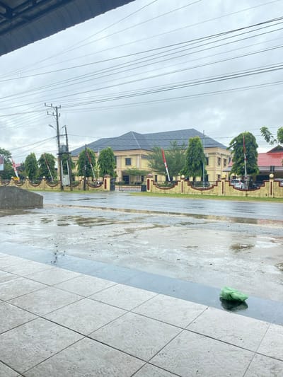 A street view on a gray, possibly wet day features a tiled sidewalk on the right. Beyond the wet pavement, a long, light yellow building with a dark roof is visible, lined with trees. Indonesian flags stand in front of the trees. Power lines stretch across the sky to the left. A crumpled green object sits on the edge of the sidewalk.