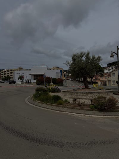 The image depicts a street scene in Sant Andreu de Llavaneres, Spain, under an overcast sky. The foreground is dominated by a paved road curving to the right, featuring tire marks. Adjacent to the road is a stone curb with patches of greenery and small plants. Further along, a tree with a dense canopy is visible, followed by buildings. A lamppost is present. The buildings vary in style, some appearing older with terracotta roofs, and others more modern with white facades and visible signage. Several parked and moving vehicles are on the street. Pedestrians are visible near the buildings. A speed limit sign reading "30" is also visible.