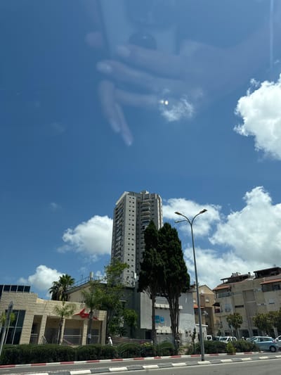 The image captures a street view in Tirat HaCarmel, Israel, under a bright, cloudy sky. In the background, a tall, modern high-rise apartment building with numerous windows dominates the skyline. To the left of the high-rise, a smaller, lighter-colored building with a facade of stone-like panels is visible, featuring large angled windows and a red emblem on its upper level. In front of these buildings, a street with a white and red striped curb runs horizontally across the foreground. A line of dark green bushes borders the sidewalk, behind which is a paved area with various trees, including palm trees and two tall, dark green coniferous trees. A modern street lamp with two lights stands between the buildings and the trees. Further to the right, a cluster of apartment buildings with balconies and varied architectural styles are visible, with parked cars on the street. The image is taken from a slightly elevated perspective, possibly from a vehicle, and reflections of hands and the sky are visible on what appears to be a windshield or glass surface in the upper portion of the image.