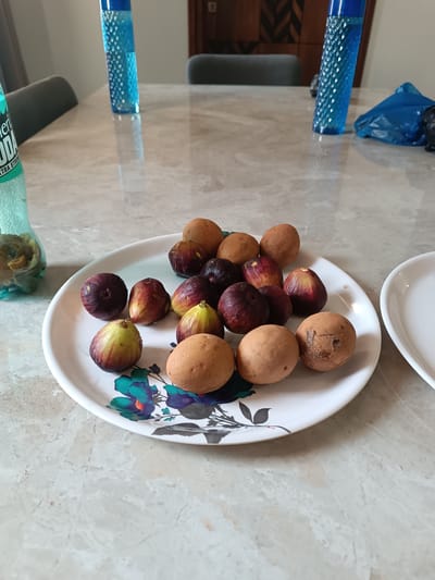 This image depicts an indoor scene on a marble-patterned tabletop in Anantapur, India. A white round plate with a blue, teal, and black floral design holds approximately 12 figs, varying in color from dark purple-red to greenish-yellow, and 7 brown-skinned, oval-shaped fruits, possibly sapodillas (chicoos). To the left, a partially visible light green plastic bottle, possibly containing soda, stands on the table. In the background, two identical textured blue plastic bottles are visible, one on the left and another further right, with a crumpled blue plastic bag situated near the rightmost blue bottle. A portion of an empty white plate is visible on the right. A grey upholstered chair back is partially visible on the left, and a wooden door or furniture piece with a chevron pattern is discernible in the background. No individuals are present in the frame.