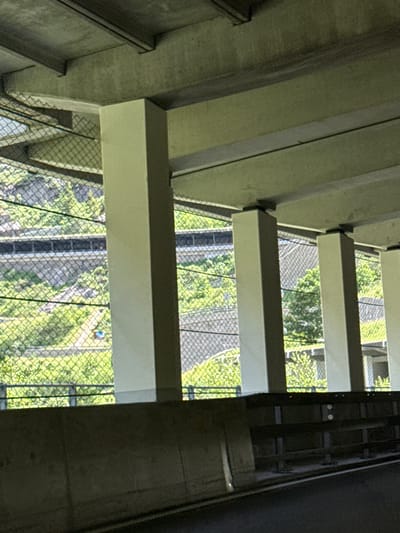 This is a photograph taken from under an overpass in Göschenen, Switzerland. The image is dominated by concrete structures, including beams, columns, and what appears to be a concrete barrier in the foreground. Through a chain-link fence, a green, hilly landscape with trees is visible, along with what seems to be a road or railway line. The lighting suggests it is daytime. The scene is devoid of people or any discernible activity. The focus is on the architectural elements of the overpass and the natural environment beyond.