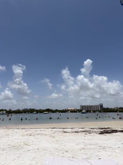 The image depicts a bright, sunny day at a beach in North Miami, United States of America. The scene is a picturesque coastal view with a clear blue sky and scattered white clouds. The foreground is dominated by the sandy beach, with a line of seaweed visible along the water's edge.
In the shallow, calm water, several people are enjoying various activities. Some are wading, while others are swimming or standing near the shore. A few individuals are on paddleboards, navigating the serene water. The water itself appears to be a light, translucent blue, reflecting the bright sky.
Further out, a line of boats is moored, suggesting a marina or a popular spot for boating. In the background, a tall, multi-story building is visible, indicating an urban or resort area adjacent to the beach. Trees line the edge of the sand, creating a natural border between the beach and the developed area.
The overall atmosphere is one of leisure and recreation. The weather appears to be warm and pleasant, ideal for a day at the beach. The bright sunlight suggests it is likely midday or early afternoon. There is no visible text in the image. The people in the water appear relaxed and engaged in typical beach activities.