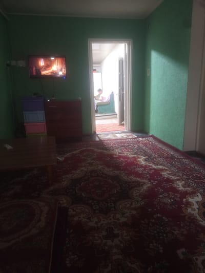 The image depicts an interior scene in a room with green walls. In the foreground, a large, ornate red rug covers the floor. To the left, a dark wooden coffee table is partially visible. Behind the coffee table, a set of three colored drawers (purple, blue, and pink) is stacked. To the right of the drawers is a dark wooden chest of drawers.
Further back, a doorway leads to another area where a person, wearing a light-colored shirt and green skirt, is seated on a sofa. This area appears to be a living room or bedroom. A television is mounted on the left wall, displaying an image. The overall lighting suggests it is daytime or evening, with artificial light contributing to the ambiance.
The provided metadata indicates the location is Samat, Kyrgyzstan. This scene appears to be a domestic living space, possibly a common room within a home.