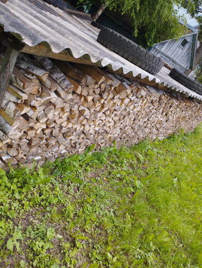 The image shows a large stack of cut firewood, predominantly birch, piled high against a wooden structure. The firewood is neatly arranged and covered with corrugated roofing material, likely asbestos cement sheets, and a truck tire. In the background, a rustic wooden building with a small window can be seen, partially obscured by lush green foliage from trees. The scene appears to be outdoors, in a rural setting, possibly a backyard or a storage area for fuel. The ground is covered with grass and some dirt, indicating an outdoor location. The lighting suggests it is daytime, with diffused sunlight, and the weather appears to be pleasant, given the greenery. There are no people visible in the image. The focus is on the stacked firewood and the rustic environment. The time of day seems to be either morning or afternoon, judging by the light. The location cues, such as the wooden building and the type of roofing, are typical of rural Russian settlements like Konstantinovo. The overall impression is one of preparation for colder weather, with a large amount of firewood stacked for use.