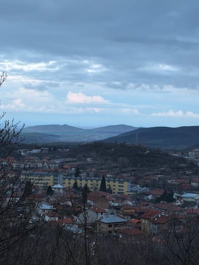 A landscape photograph shows a city built on a hillside. A range of mountains is on the left. The sky above is filled with clouds. The buildings are tightly packed with a mix of residential and commercial structures. Some have red roofs. In the foreground are bare trees and branches. In the background is a city with many yellow houses. A crane can be seen near the mountain. Sveti Konstantin, Bulgaria, is not identifiable from the photo.