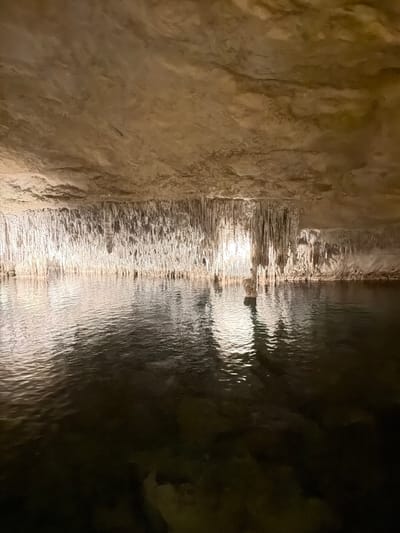 The image depicts a scene within the Caves of Drach, located in Manacor, Spain. The focus is on an illuminated section of a cave wall, possibly composed of stalactites and other rock formations, bordering a body of water. The water's surface reflects the illuminated cave features, creating a mirroring effect. The right side of the image is dark, representing the unlit area of the cave or the deeper part of the water.